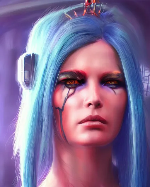 Image similar to a stunning portrait of a cyberpunk queen. she has short neon colored hair and blue eyes. she's a cyberpunk 2 0 7 7 character. digital art by frank frazetta and julie bell, medium shot portrait, highly detailed, trending on artstationhq