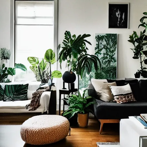 Image similar to a living room with plants and speakers and a painting on the wall, featured on tumblr, light and space, sanctuary, soft light, aesthetic