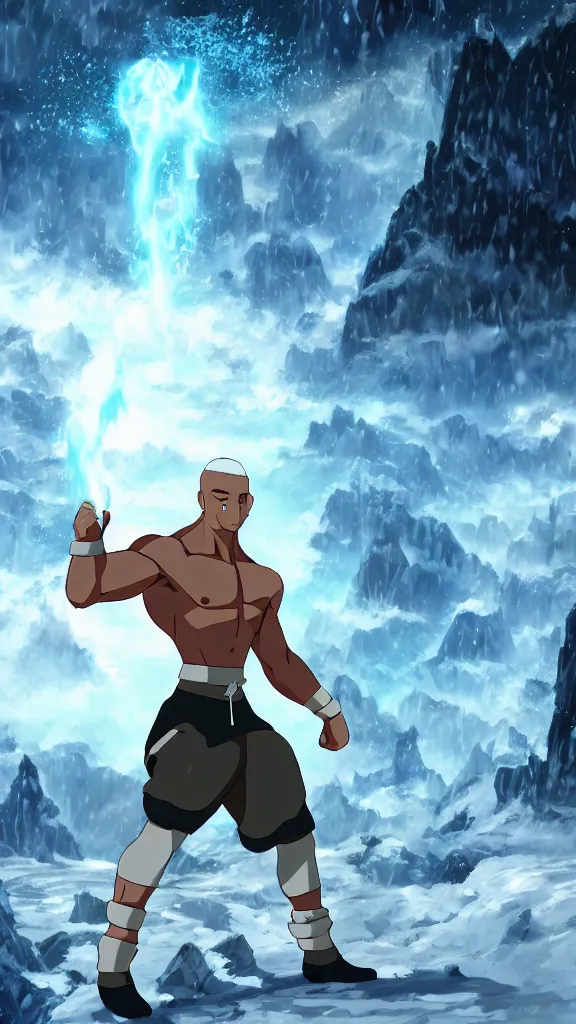 Prompt: a buff guy, with ice powers, standing in a snowy vista. still from avatar the last airbender ( 2 0 0 9 ). anime style. 4 k hd wallpaper. premium prints available.