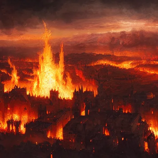 Image similar to medieval kingdom brightly burning in flames as seen from the sky, digital art, highly detailed, dark colours, 8 k, intricate, moody lighting, by greg rutkowski