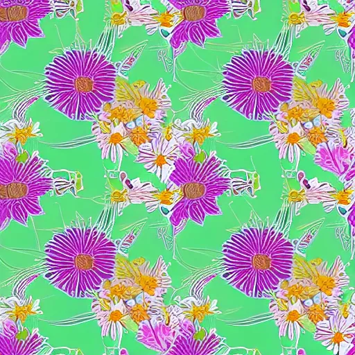 Image similar to highly detailed daisy pattern in the style of old botanical illustrations, matisse, lisa frank, and japanese art, 4 k