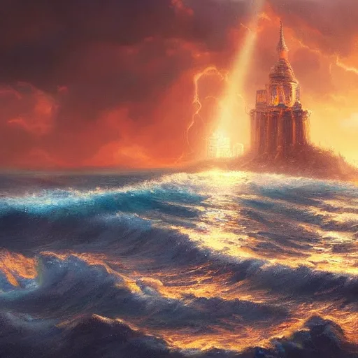 Prompt: distant view of a delicate ornate sparkling gold fantasy tower splashes upwards from a stormy ocean shimmering in the sunlight, dramatic lighting, rich colors, beautiful oil painting, artstation