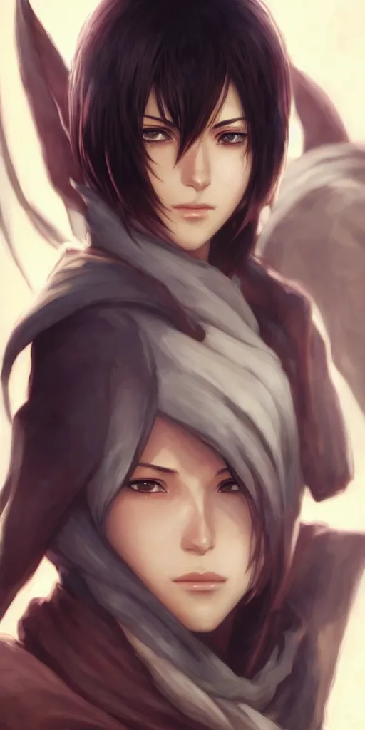 Image similar to mikasa ackerman, hero pose, medium shot, bokeh, beautiful face!!!!, 2 7 years old, cg animation, lifelike, animated, realistic, character select portrait, by artgerm, greg rutkowski, alphonse mucha, 3 d