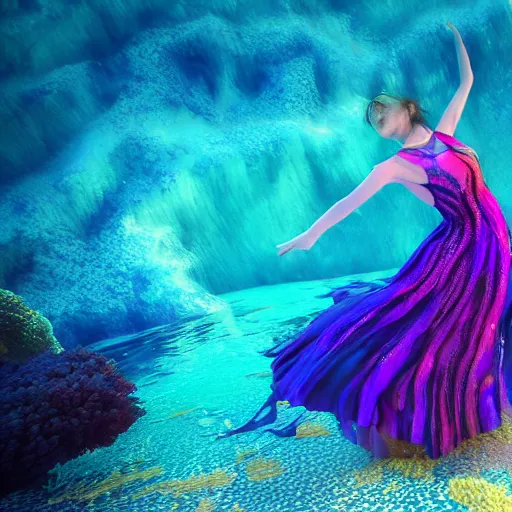 Image similar to woman dancing underwater wearing a flowing dress made of blue, magenta, and yellow seaweed, amazing corals around her, swirling silver fish, unreal engine, caustics lighting from above, cinematic