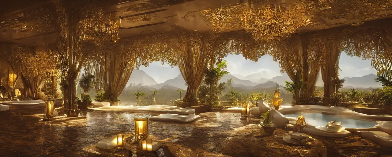 Image similar to surreal hyper luxury spa with intricate golden details with view to arid mountains and palm forest, god rays, candles, ultra detailed, photorealism, sharp focus, volumetric light, global illumination