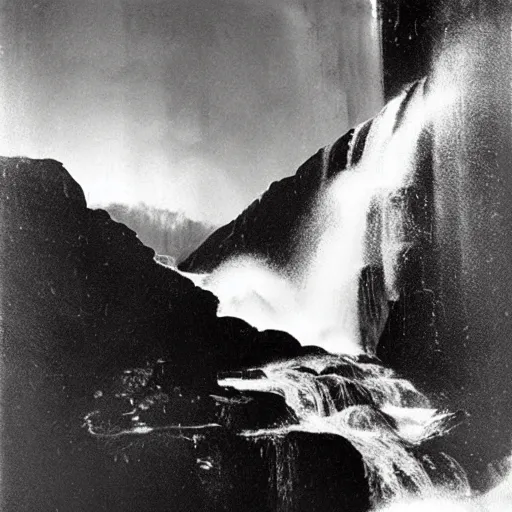 Prompt: dark and moody photo by ansel adams and peder balke, a woman in an extremely long dress made out of waterfalls