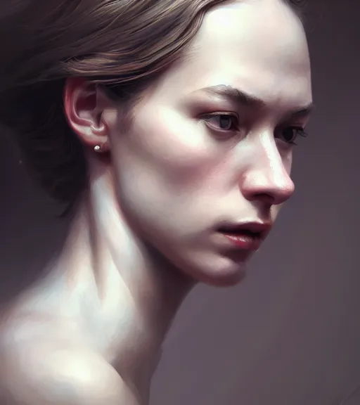 Prompt: portrait of a woman in heightened detail, poised, intense emotion, detailed facial expression, detailed surroundings, intricate, elegant, highly detailed, centered, digital painting, artstation, concept art, smooth, sharp focus, illustration, by tree, wlop