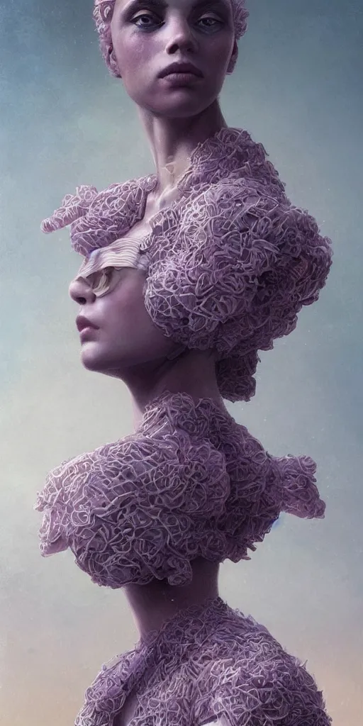 Prompt: a beautiful hyperrealistic solarpunk portrait pose of a stunning model in a striped mauve-and-soot dress, intricate, elegant, highly detailed, smooth, sharp focus, award-winning, masterpiece, in the style of Tom Bagshaw, Cedric Peyravernay, Peter Mohrbacher