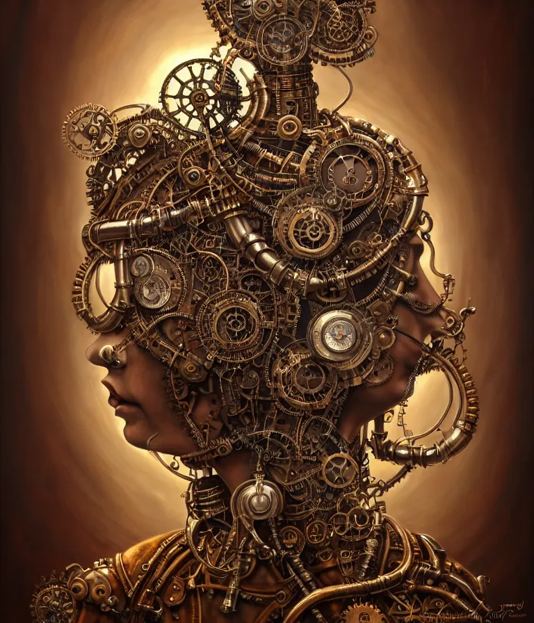 Prompt: steampunk cybernetic biomechanical krishna, front facing, symmetric, 3 d model, very coherent symmetrical artwork, unreal engine realistic render, 8 k, micro detail, intricate, elegant, highly detailed, centered, digital painting, artstation, smooth, sharp focus, illustration, artgerm, tomasz alen kopera, wlop