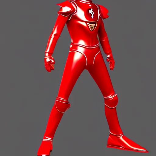 Image similar to Tokusatsu character based on Ferrari, red mechanical skinny body, chest plate with Ferrari logo, stylized motorcycle helmet, full body, unreal engine, 3D model