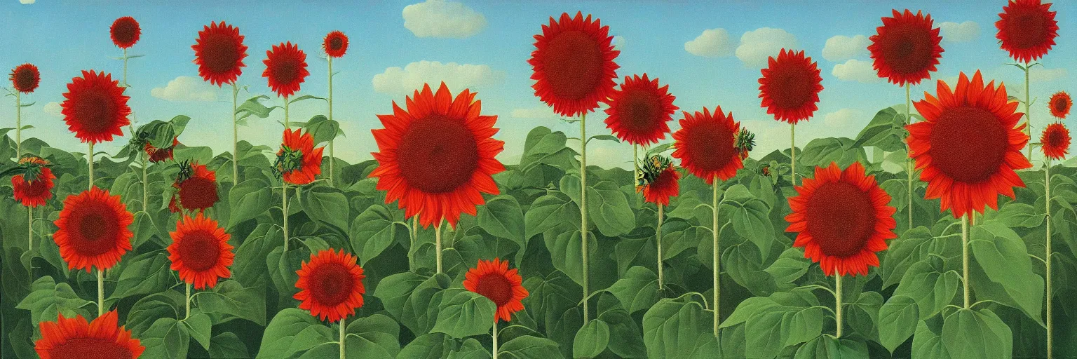 Prompt: red sunflower painting magritte