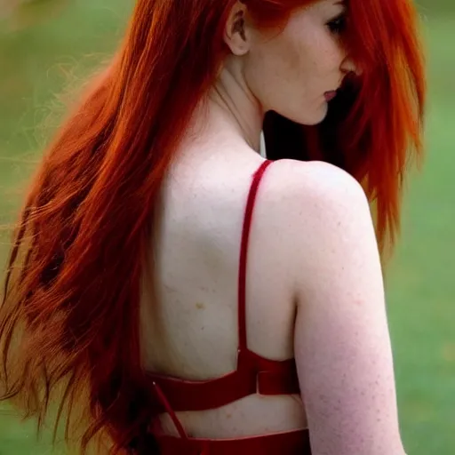 Image similar to very beautiful redhead woman looking back over her shoulder