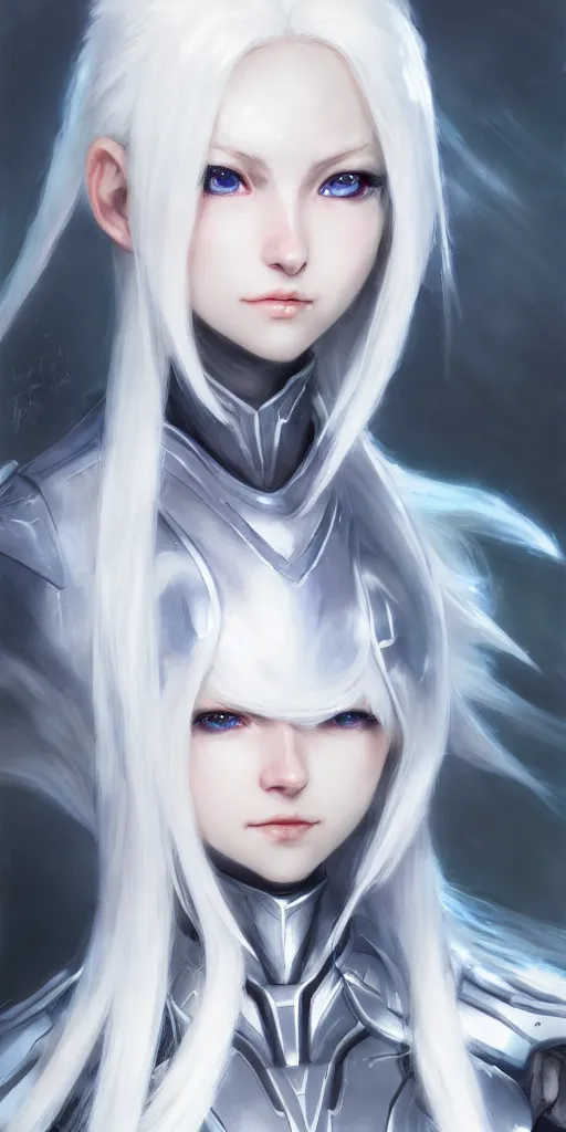 Image similar to perfect white haired girl, warframe armor, beautiful, dreamy, portrait, highly detailed, digital painting, trending on artstation, concept art, sharp focus, illustration, pretty face, blue eyes, sci - fi platform, front lit, laboratory, experiment, masterpiece, art by masayoshi tanaka, akihiko yoshida, kazuya takahashi