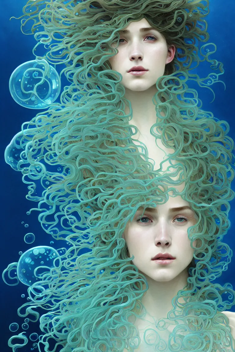 Prompt: portrait of a beautiful young fit male sea creature with long curly hairs and fish skin, dressed in fluent clothes made of seaweeds, by greg rutkowski and alphonse mucha, d & d character, gradient cyan to blue, underwater bubbles background, highly detailed portrait, digital painting, artstation, concept art, smooth, sharp focus ilustration, artstation hq