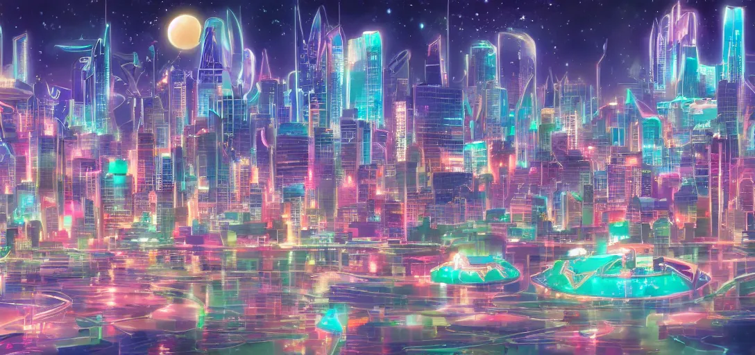 Image similar to The city of Crystal Tokyo from Sailor Moon, circa the year 2994, digital painting