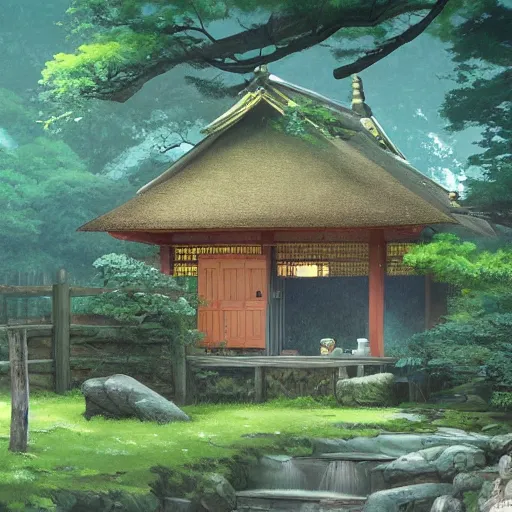 Image similar to concept art painting of a japanese english cottage in the deep woods, cozy, realistic, detailed, cel shaded, in the style of makoto shinkai and greg rutkowski and james gurney