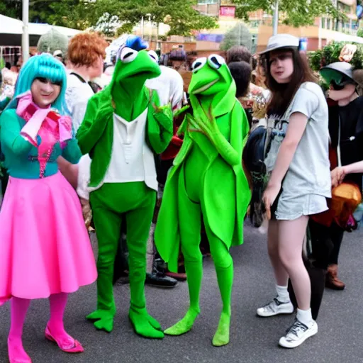 Prompt: kermit the frog cosplayers at a cosplay meet up in a anime convention