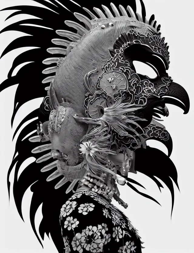 Image similar to 3 d goddess close - up profile simple portrait punk with mohawk with ram skull. beautiful intricately detailed japanese crow kitsune mask and clasical japanese kimono. betta fish, jellyfish phoenix, bio luminescent, plasma, ice, water, wind, creature, artwork by tooth wu and wlop and beeple and greg rutkowski