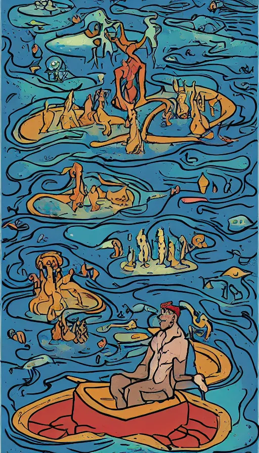Image similar to man on boat crossing a body of water in hell with creatures in the water, sea of souls, by rebecca sugar