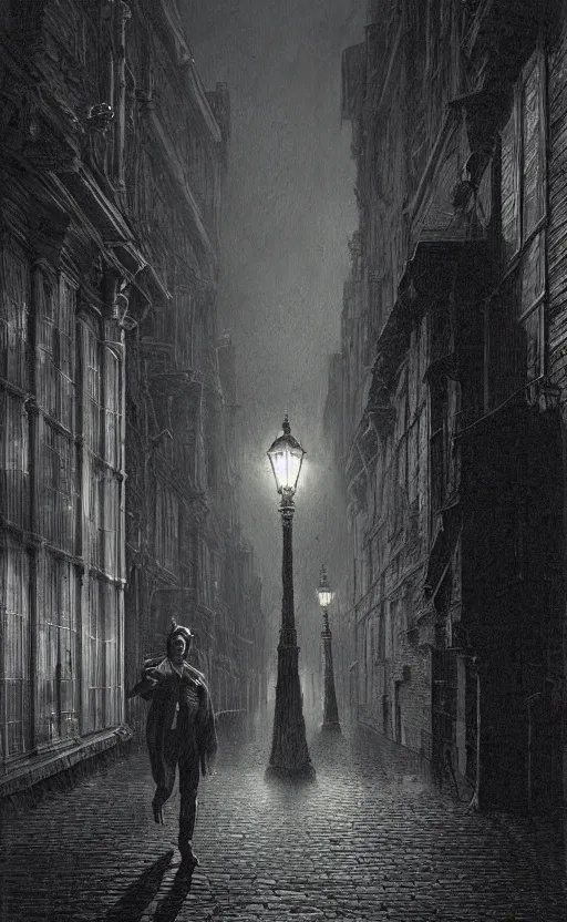 Image similar to A vampire lurks in the shadows of Victorian city in the night, illuminated by gas lamps, hyperdetailed, artstation trending, world renowned artists, worth1000.com, historic artworks society, antique renewel, cgsociety, by greg rutkowski, by Gustave Dore, Deviantart