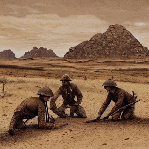 Prompt: ultra detailed photorealistic sepia - toned painting from 1 9 1 7, three british soldiers standing at an archaeological dig site in wadi rum, ultra realistic, painted, intricate details, lovecraft, atmospheric, dark, horror, brooding, highly detailed, by angus mcbride