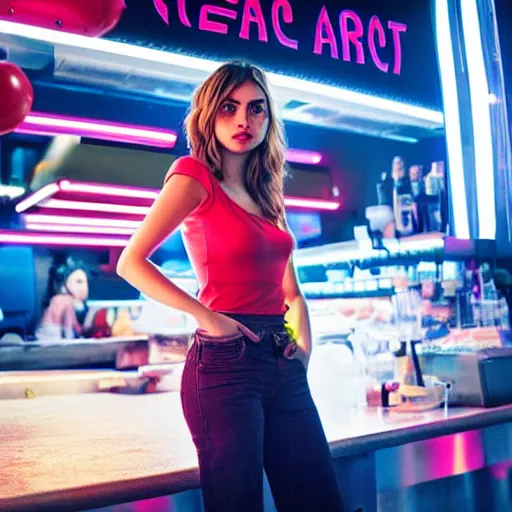 Prompt: ana de armas portrait working in a fast food restaurant, in a cinematic cyberpunk style photorealistic, soft neon light, 3 5 mm