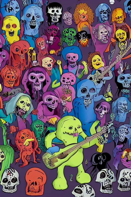 Prompt: death metal childrens tv show, colour photograph, highly detailed