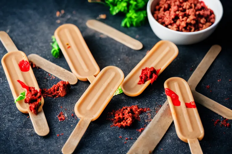 Image similar to dslr food photograph of ground beef popsicles, 8 5 mm f 1. 8