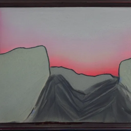 Image similar to a paint and pastel - on - board piece that shows a central androgynous figure against a blood - red sky. the person's mouth is open wide in a silent scream, while their eyes are black voids. they are surrounded by two other people, one of whom is also screaming. the background is a jagged landscape with mountains and water.