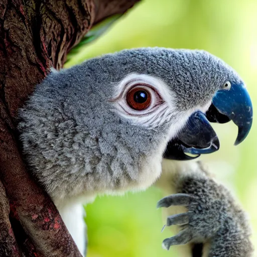 Prompt: award winning nature photograph of a parrot's beak on a koala. focus on the beak. extreme detail, hyperrealistic photo, smooth, trending on artstation