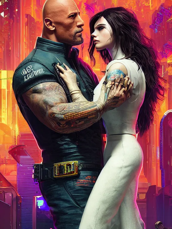 Image similar to a cyberpunk 2077 wedding portrait of Dwayne Johnson holding a female android,complex mess of cables and wires behind them connected to giant computer, love,film lighting, by laurie greasley,Lawrence Alma-Tadema,William Morris,Dan Mumford, trending on atrstation, full of color,face enhance, highly detailed,8K, octane,golden ratio,cinematic lighting