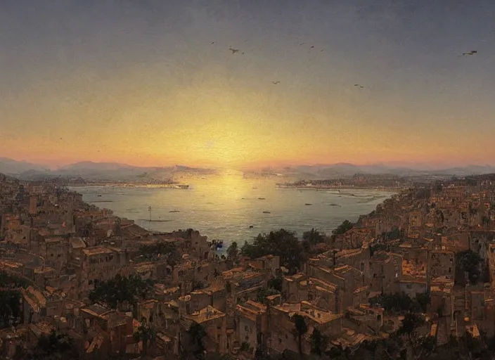 Image similar to A painting of a panoramic view of Pescara at sunset, by Greg Rutkowski and James Gurney, trending on Artstation, highly detailed