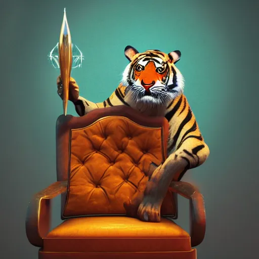 Image similar to a wizard is sitting on a chair as a tiger , dynamic pose, chromatic aberration , medium level shot, fantasy, illustration, concept art,