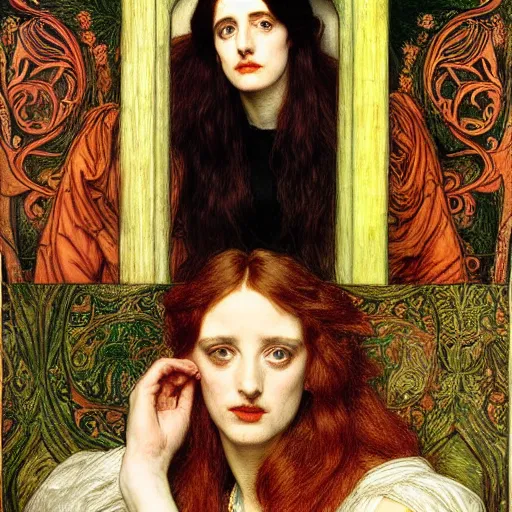 Image similar to Pre-Raphaelite Eva Green by Dante Gabriel Rossetti, by William Holman Hunt, by John Everett Millais, James Collinson, by Frederic George Stephens, pale, elegant, bold colors