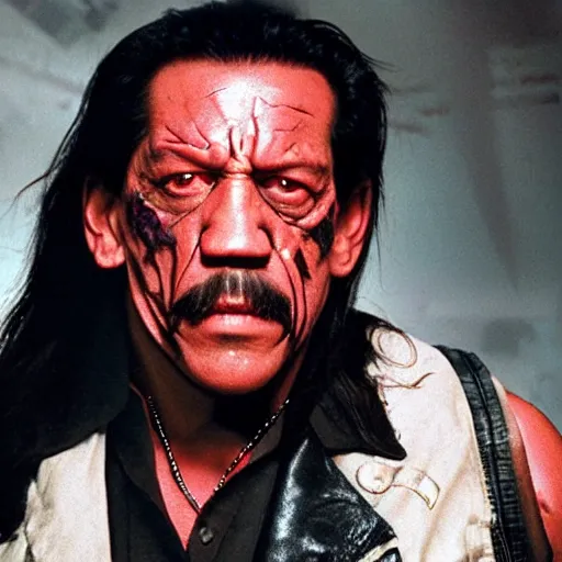 Image similar to danny trejo as the terminator, glowing red eyes