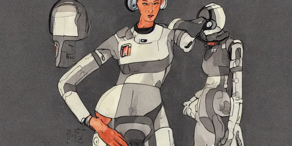 Prompt: female, full body, wide shot, modern space suit, intriguing helmet, stylized character design, the expanse tv series, large shoulders, short torso, long thin legs, tiny feet, science fiction, hyperdetailed, technical suit, dieselpunk, watercolor digital painting, in the style of bruce timm, by alex maleev