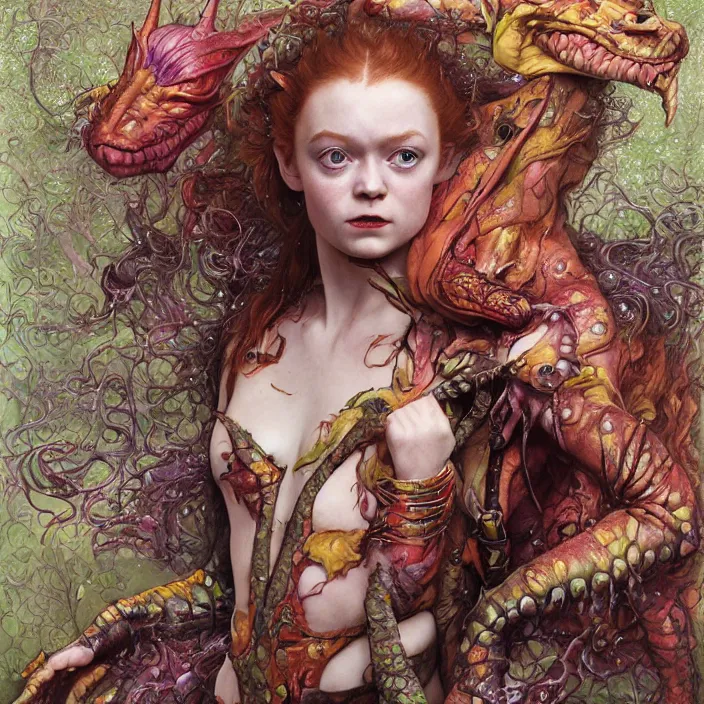 Prompt: a portrait photograph of sadie sink as a brightly colored elf reptile hybrid with wet mutated skin. wearing a catsuit many body modifications. by tom bagshaw, donato giancola, hans holbein, walton ford, gaston bussiere, brian froud, peter mohrbacher and magali villeneuve. 8 k, cgsociety