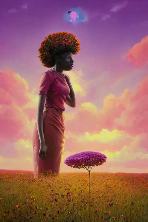 Prompt: closeup, a giant flower as head, african woman in heather field, surreal photography, golden hour, colorful clouds, impressionist painting, digital painting, artstation, simon stalenhag