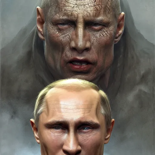 Prompt: vladimir putin, putin is bald prehistoric reptiloid reptile eyes, toothless, horror macabre by donato giancola and greg rutkowski and wayne barlow and zdzisław beksinski, realistic face, digital art