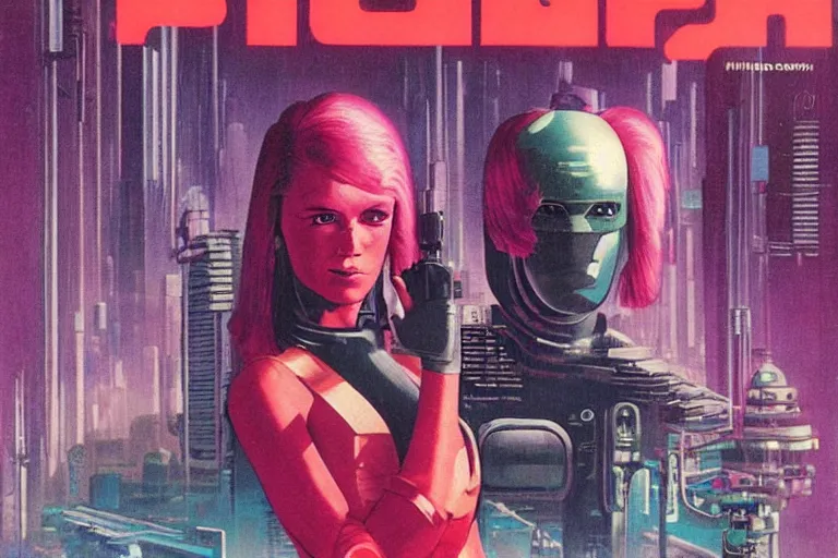 Prompt: 1979 OMNI Magazine Cover of android with shiny Chrome face with Pink hair. neo-Tokyo streets behind her. in cyberpunk style by Vincent Di Fate