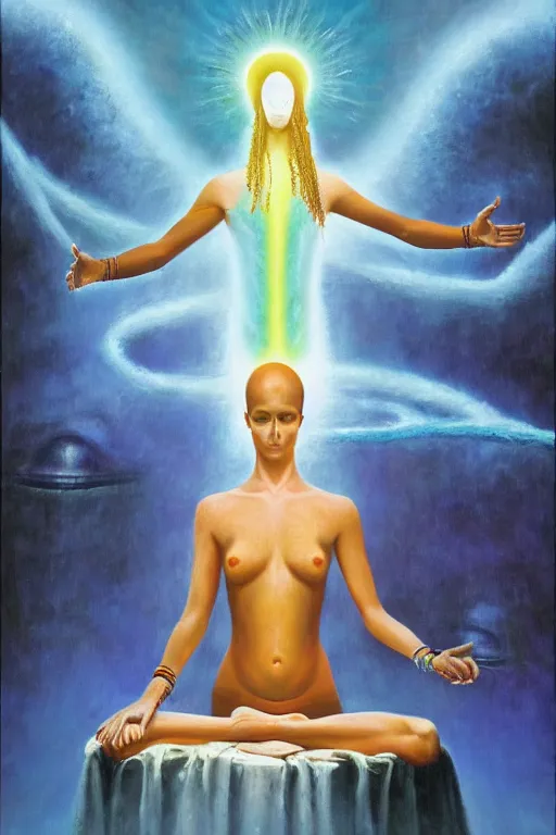 Prompt: transcendental meditation cult woman, opening third eye, chakra energy waves resonating from her body, ethereal aura, epic surrealism 8k oil painting, portrait, perspective, high definition, post modernist layering, by Raymond Swanland, Barclay Shaw