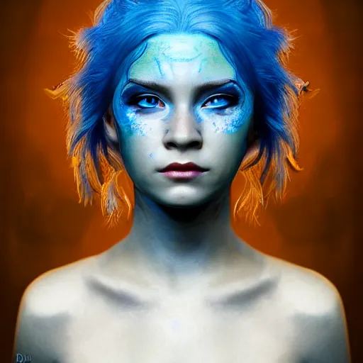 Image similar to The dragon girl portrait, portrait of young girl half dragon half human, dragon girl, dragon skin, dragon eyes, dragon crown, blue hair, long hair, highly detailed, cinematic lighting, Matte painting by David Lynch