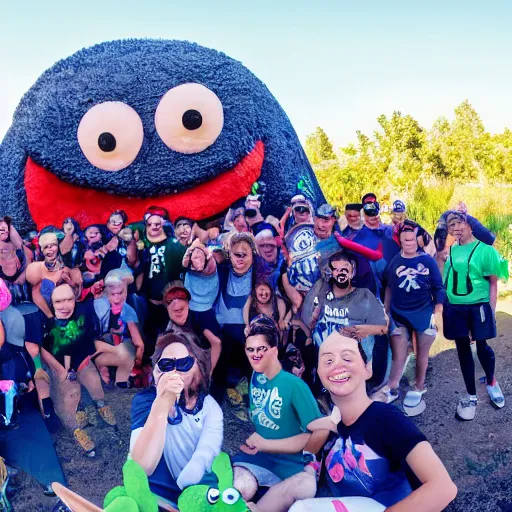 Prompt: A camp of 20 people and 1 Elmo known as Slacker Camp taking a group selfie in front of Cthulhu at POrtal Burn 2022 in Almond NY, with a stary sky and a crescent moon