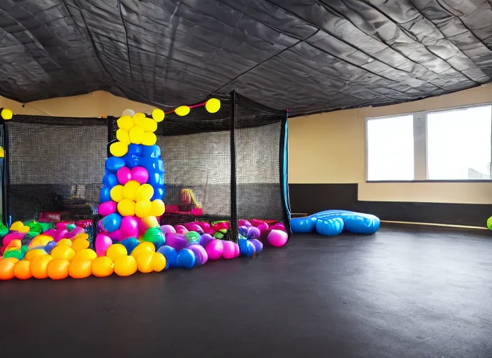 Image similar to A black trampoline next to A bouncy house with a ball pit inside a giant empty room with light coming through windows