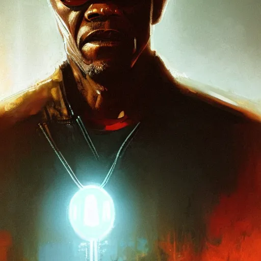 Image similar to closeup portrait of a young samuel jackson as the terminator, city background, dramatic light, gorgeous view, depth, high detail, digital art, painted by greg rutkowski, trending on artstation