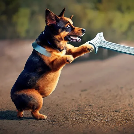 Image similar to dog destroying earth with a sword