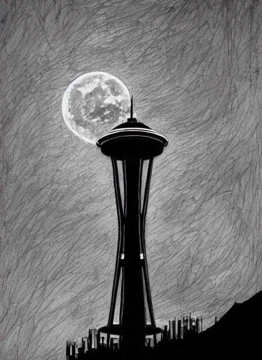 Image similar to king kong on the Seattle Space Needle at night, with moon in background, dark colors, sinister atmosphere, dramatic lighting, cinematic, establishing shot, extremely high detail, photo realistic, cinematic lighting, pen and ink, intricate line drawings, by Yoshitaka Amano, Ruan Jia, Kentaro Miura, Artgerm, post processed, concept art, artstation, matte painting, style by eddie mendoza, raphael lacoste, alex ross