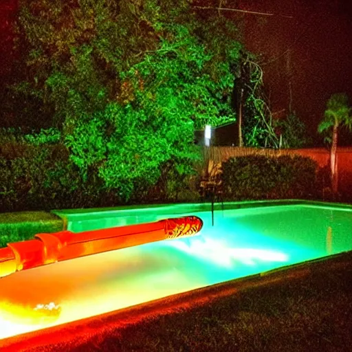 Image similar to “a flaming, glowing and burning claymore sword 🗡 floating in a suburban backyard pool, in the middle of the night, deepest darkest midnight. Photograph. Flash photograph. Cursed image. Found photograph.”