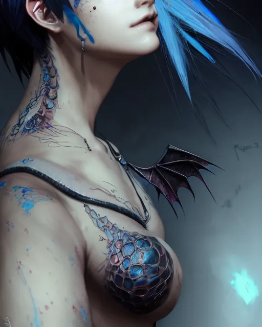 Prompt: Jinx, Portrait of rugged adult female, fantasy, pixie undercut hairstyle, black to blue fade hairstyle, dragon scales across hairline, intricate, highly detailed, digital painting, artstation, concept art, sharp focus, art by Akihiko Yoshida, Greg Rutkowski, 4k resolution, nier inspired, graffiti inspired, vibrant but dreary