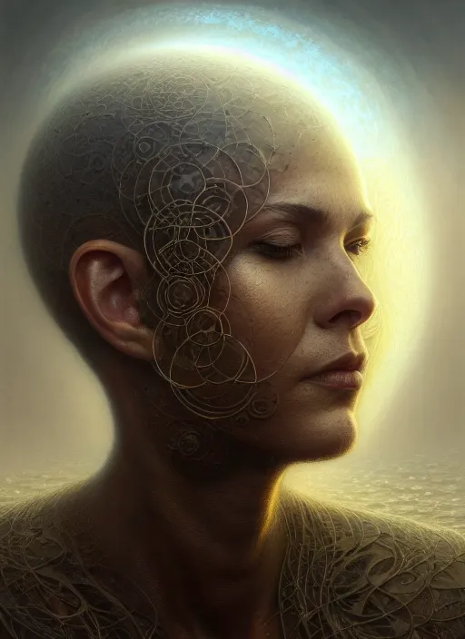 Image similar to closeup portrait shot of a meditation in another dimention in a scenic dystopian environment, intricate, elegant, highly detailed, centered, digital painting, artstation, concept art, smooth, sharp focus, illustration, artgerm, tomasz alen kopera, peter mohrbacher, donato giancola, joseph christian leyendecker, wlop, boris vallejo